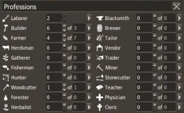 Professions menu as seen in-game.