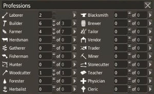 Professions menu as seen in-game.